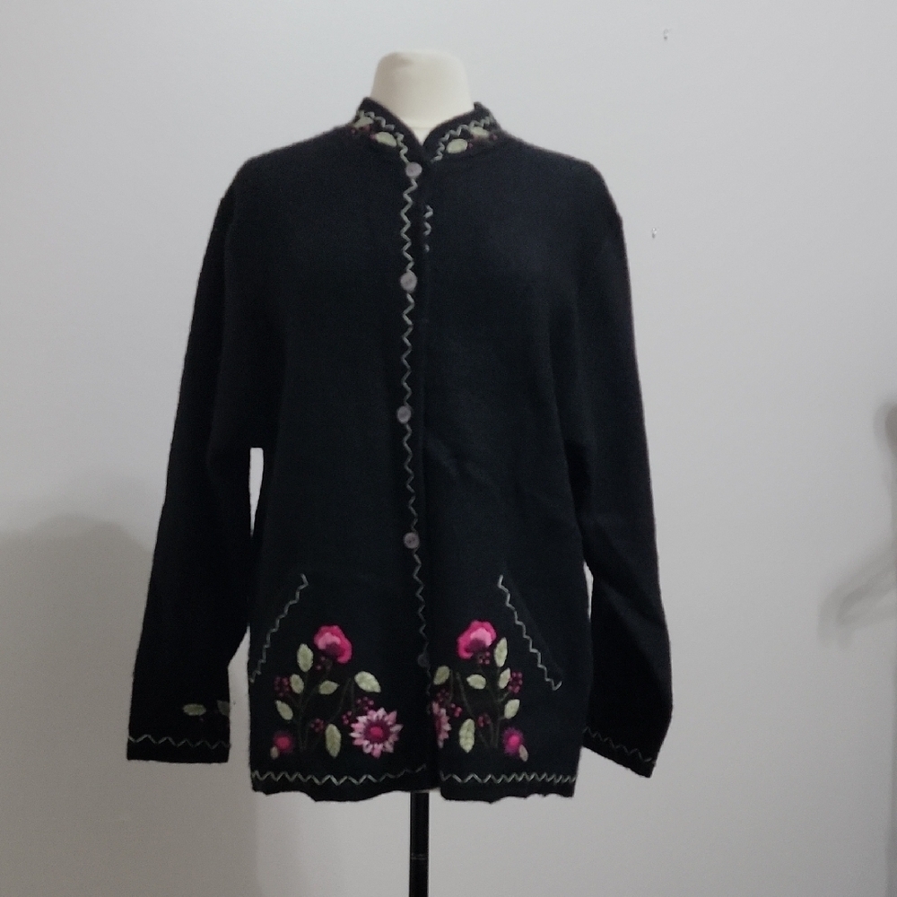 Studio Works Size XL 100% Wool Black Cardigan Pink Floral Embroidery Australia